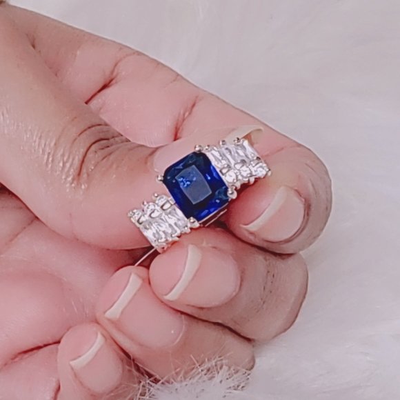 Silver Filled Blue Sapphire & White Quartz Ring - Picture 2 of 8